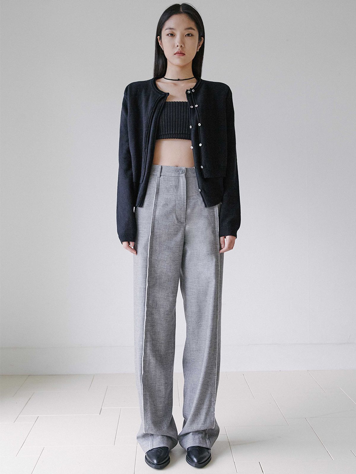 라비드(RA VIDE) WHITE LINED WIDE LEG PANTS GREY