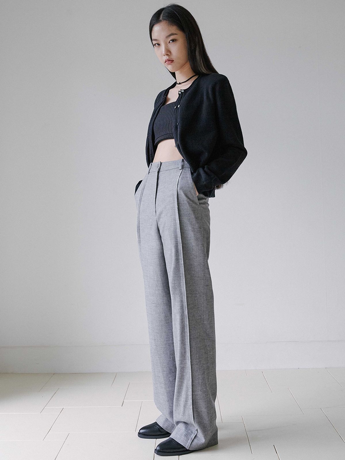 라비드(RA VIDE) WHITE LINED WIDE LEG PANTS GREY