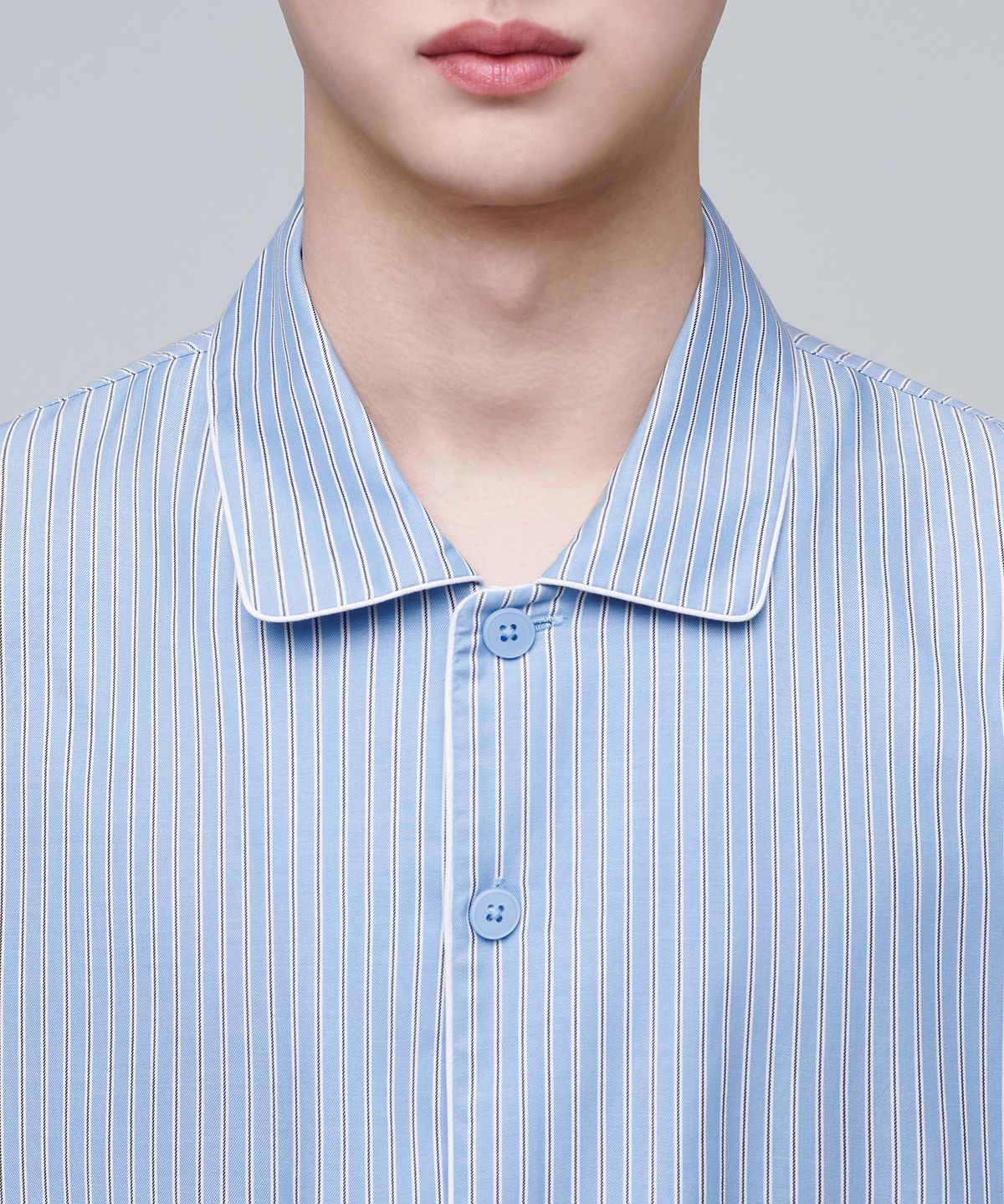 무신사 스탠다드(MUSINSA STANDARD) 코튼 텐셀 하프 파자마 세트 [스카이블루 스트라이프]
