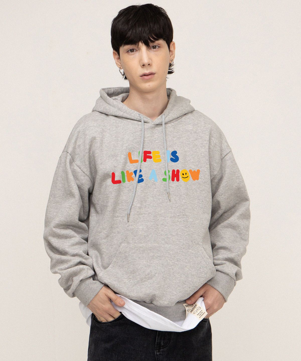 그레이버(GRAVER) [UNISEX]레인보우 라이프 스마일로고 후드티_그레이