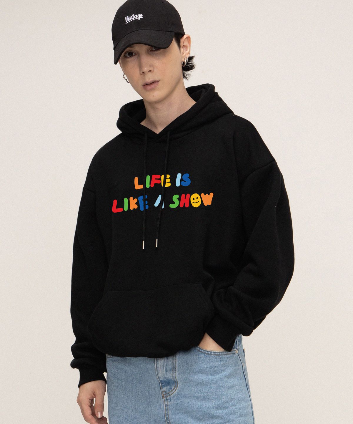 그레이버(GRAVER) [UNISEX]레인보우 라이프 스마일로고 후드티_블랙