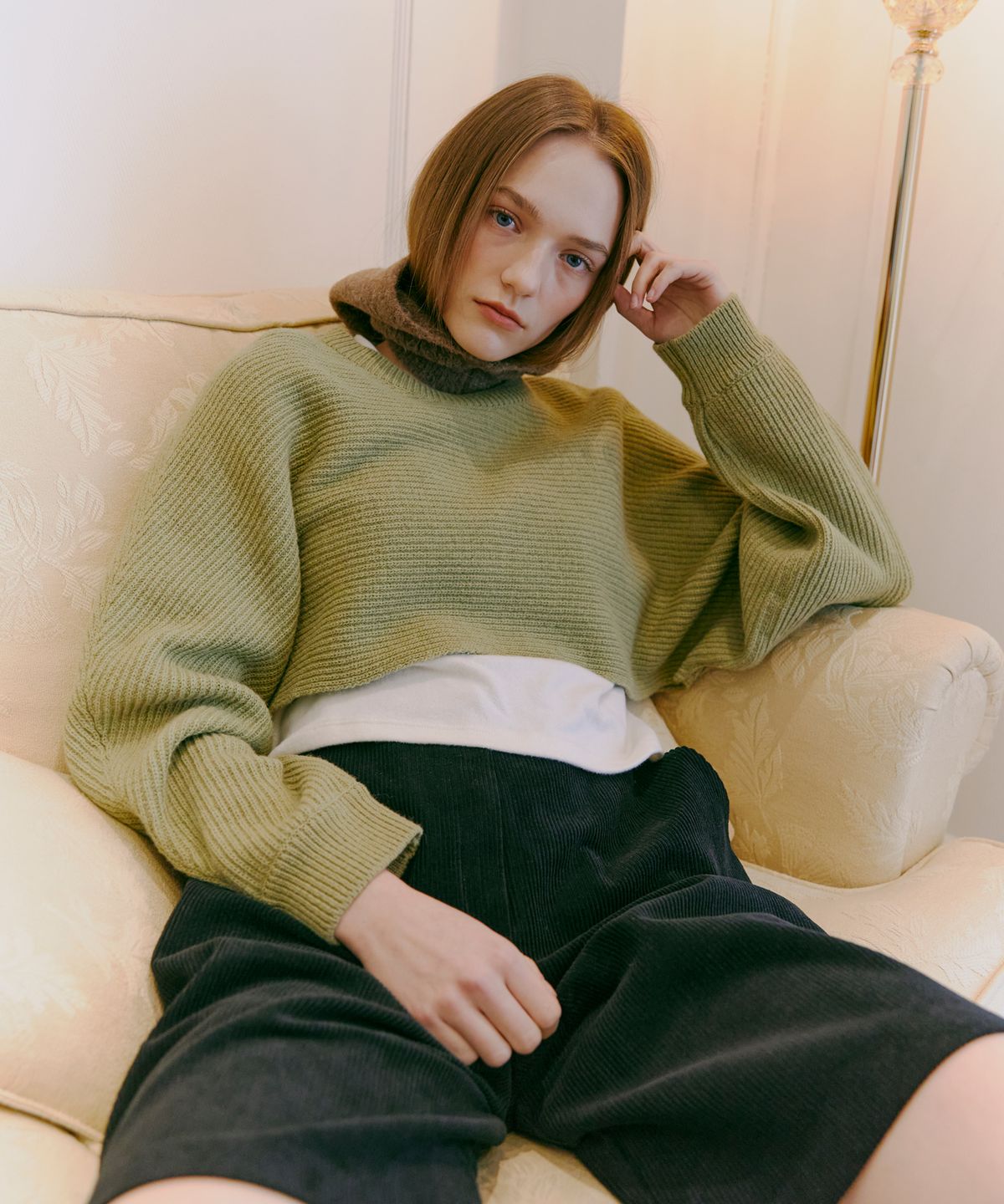 에트몽(ETMON) Round Crop Knit Top  Olive Green