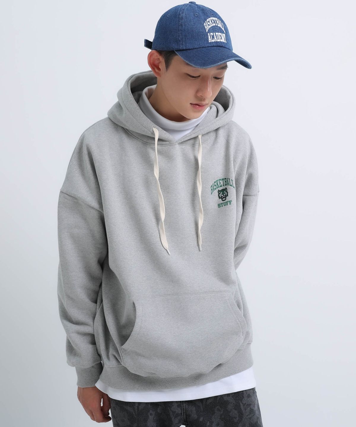 스터프(STUFF) 타이거 스몰로고 후드티 그레이