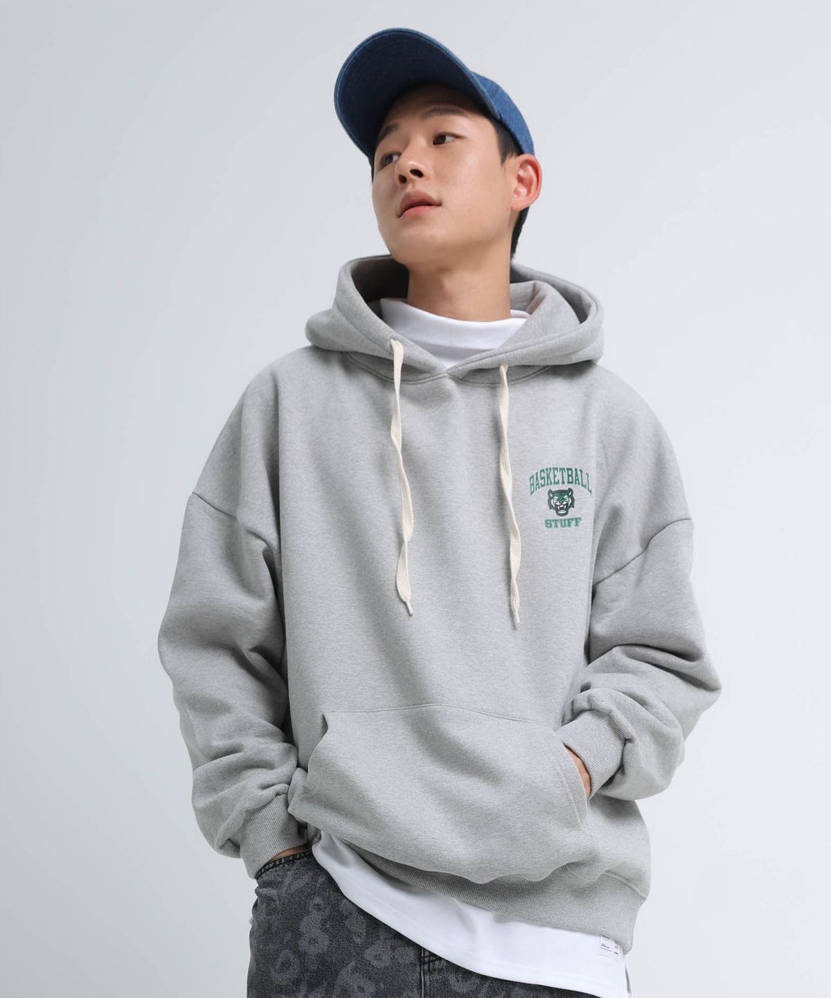스터프(STUFF) 타이거 스몰로고 후드티 그레이