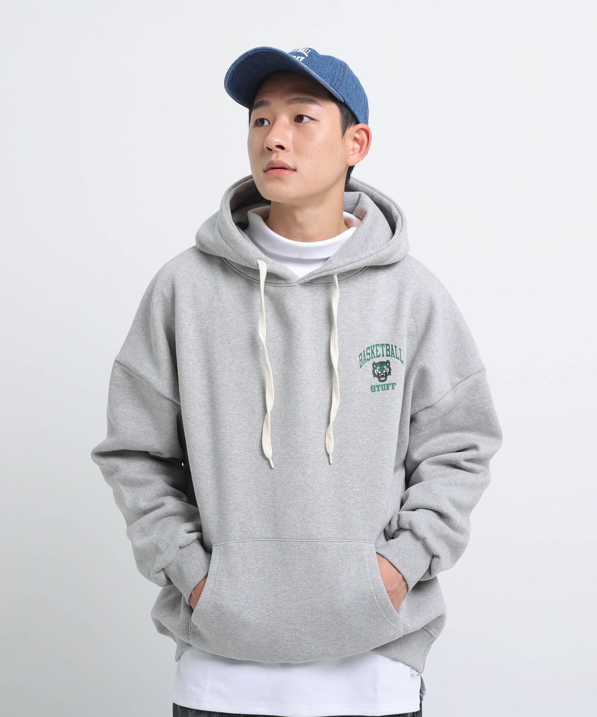 스터프(STUFF) 타이거 스몰로고 후드티 그레이