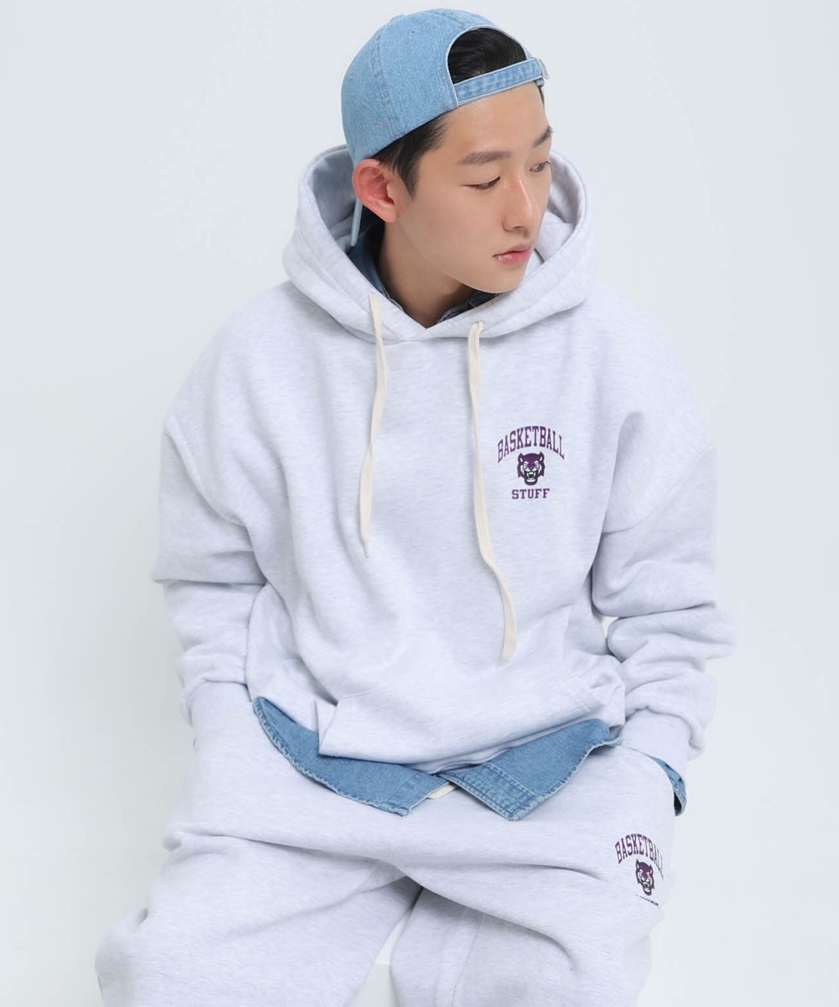 스터프(STUFF) 타이거 스몰로고 후드티 라이트그레이