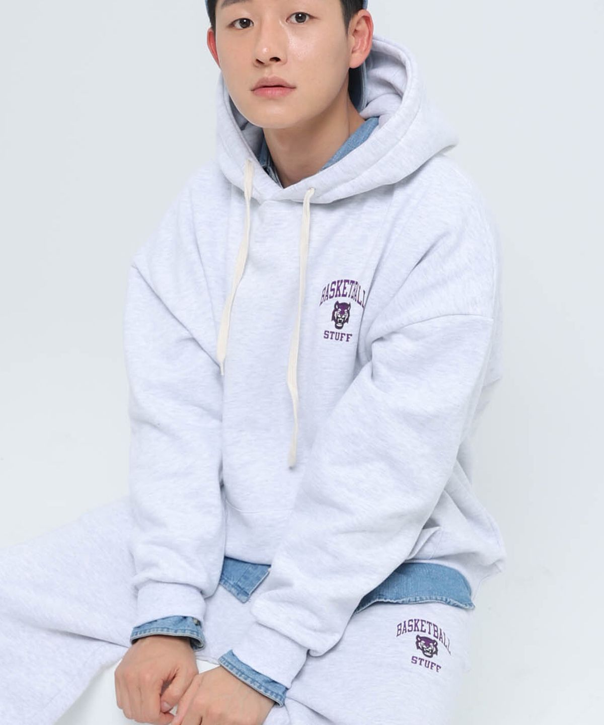 스터프(STUFF) 타이거 스몰로고 후드티 라이트그레이