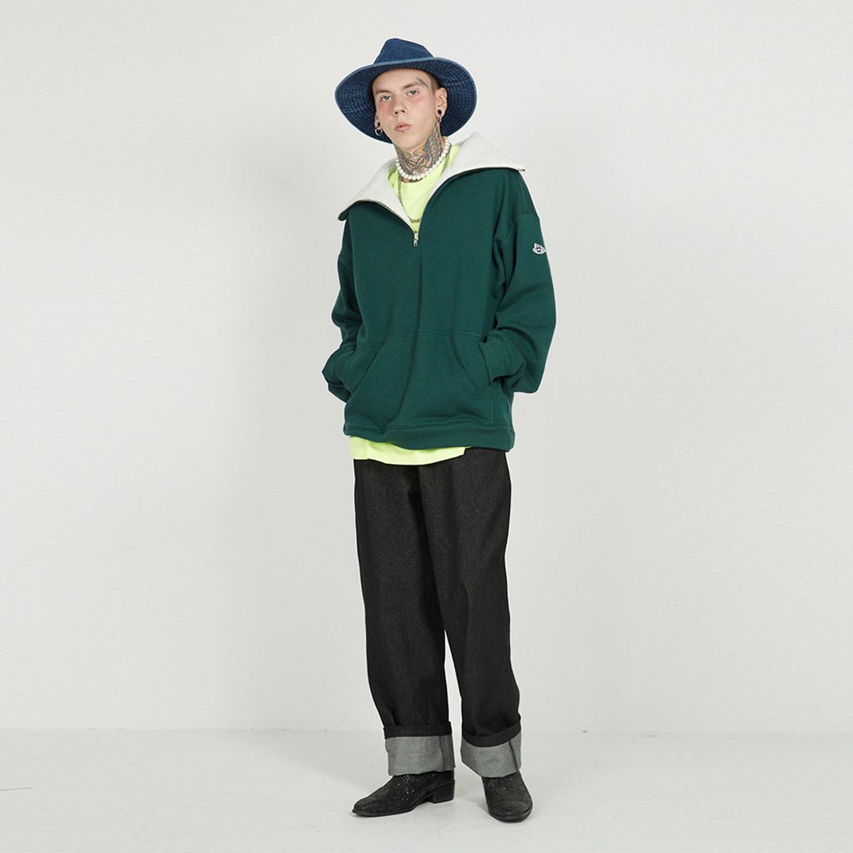 에프엠9102(FM91.02) FLEECE COLLAR HALF ZIP CREW_olive