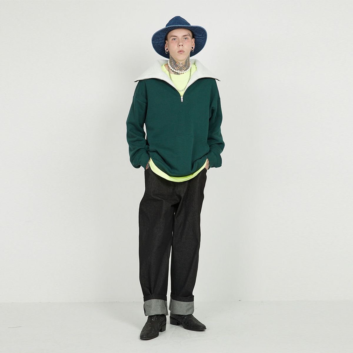 에프엠9102(FM91.02) FLEECE COLLAR HALF ZIP CREW_olive