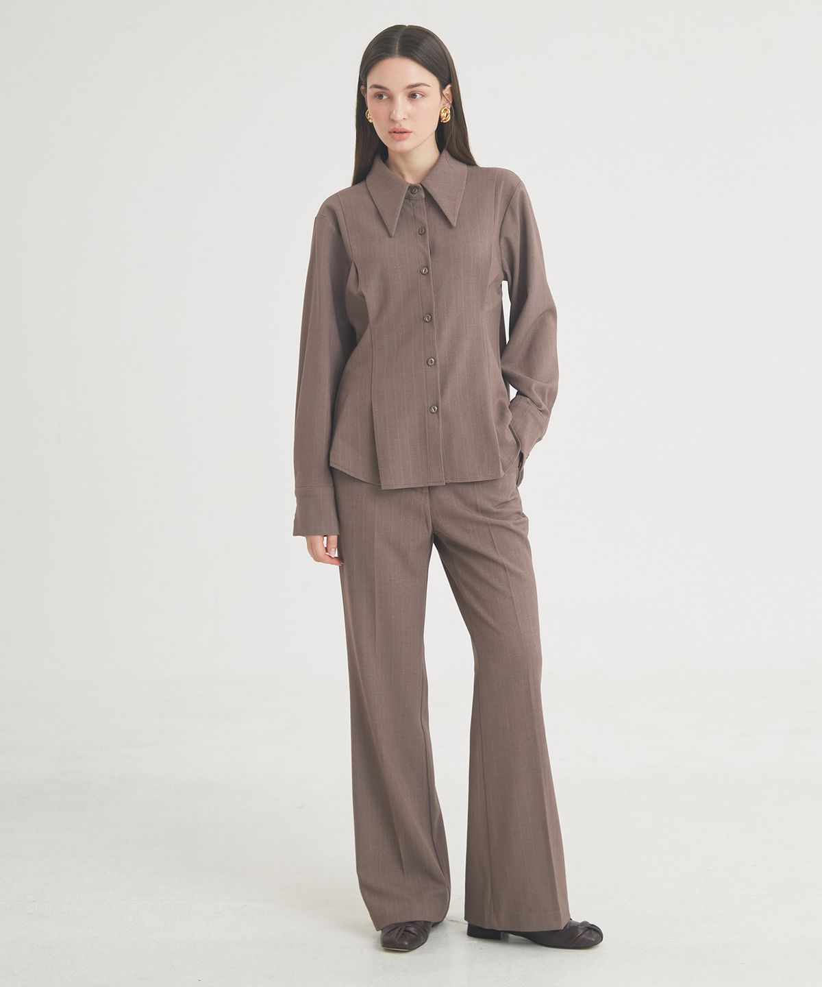프라이하잇(THEFRHT) Wool Stripe Pintuck Shirt (Brown)