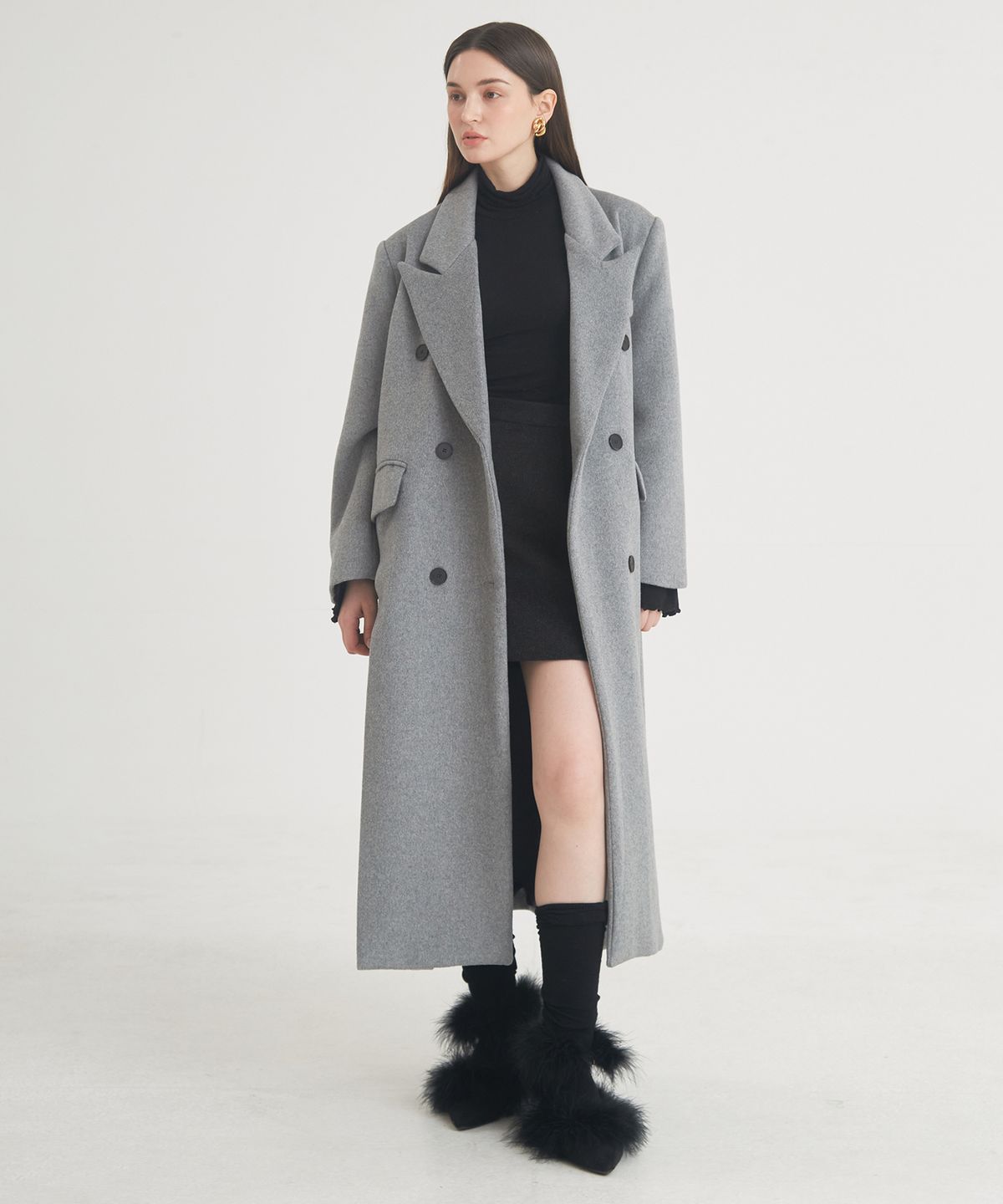 프라이하잇(THEFRHT) Tailored Double-Breasted Slit Coat (Gray)