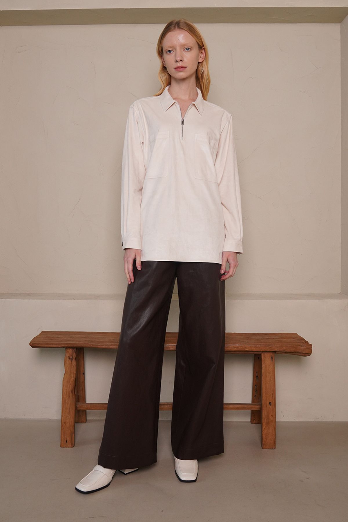 레터스(LETTUCE) Velvet zipper Shirts (ivory)
