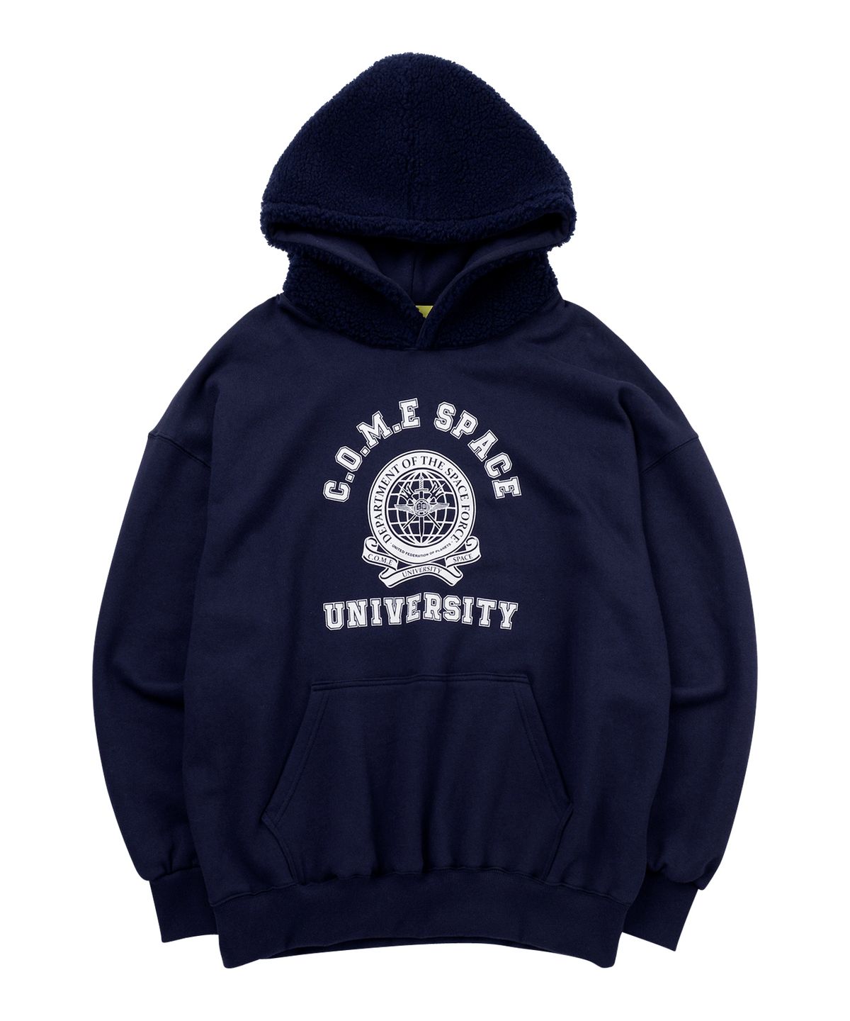 씨오엠이(COME) [UNISEX] Faux Shearling-Trimmed Cotton-Jersey Hoodie (Navy)