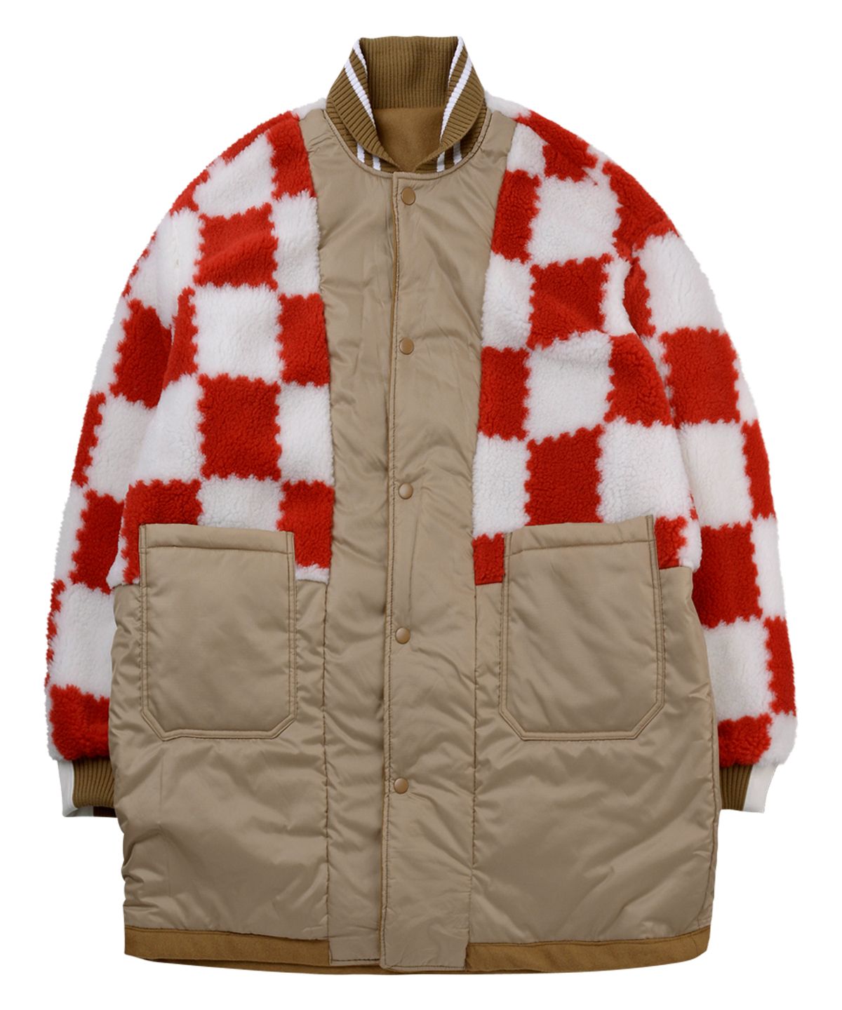씨오엠이(COME) [UNISEX] Reversible Faux Fur Varsity Collar Coat (Red)