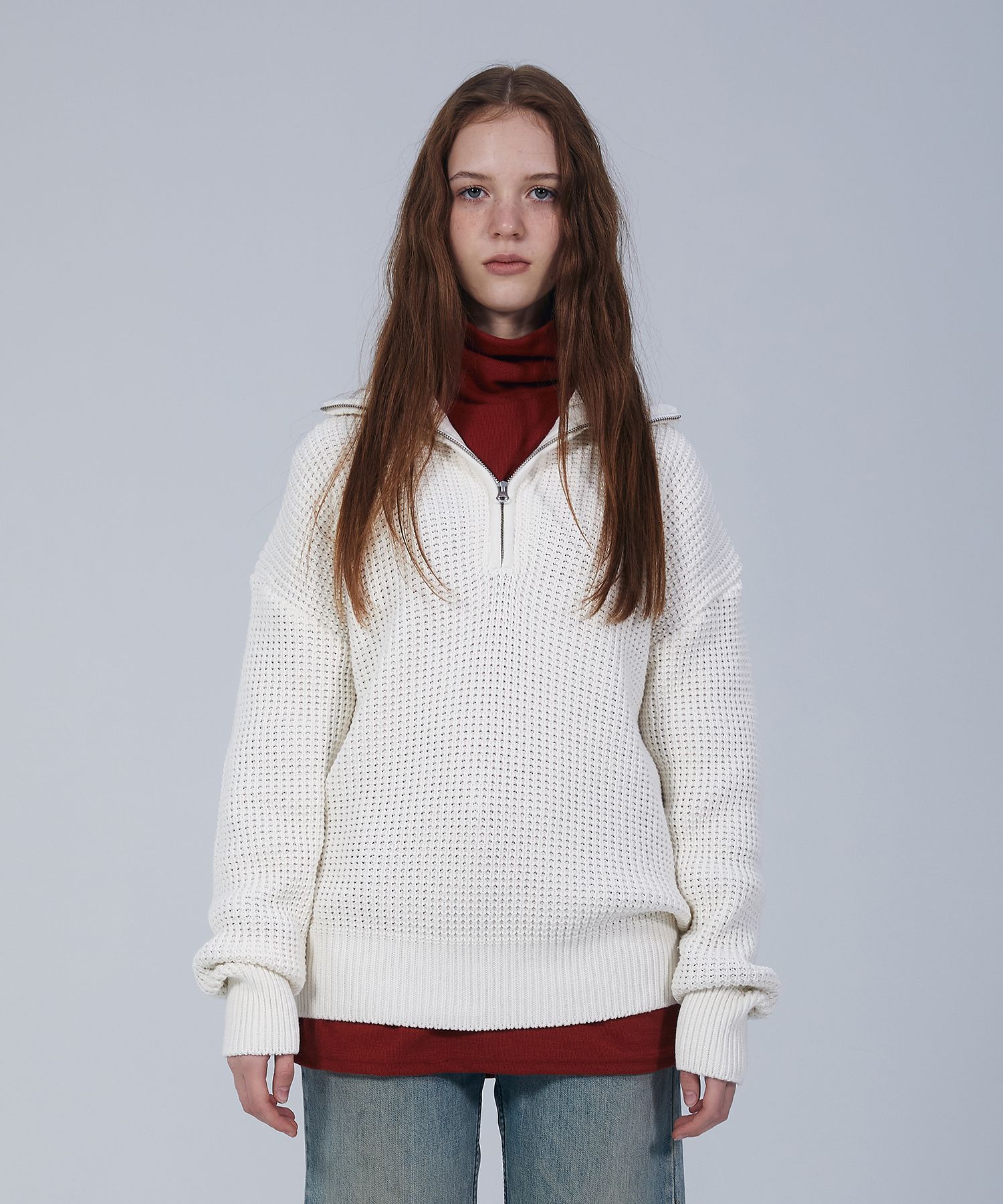 【MODERNIF】Vino Dangara Half Zip-up Knit Buy Oversized Half Zip Cable Knit Sweater Beige For Women