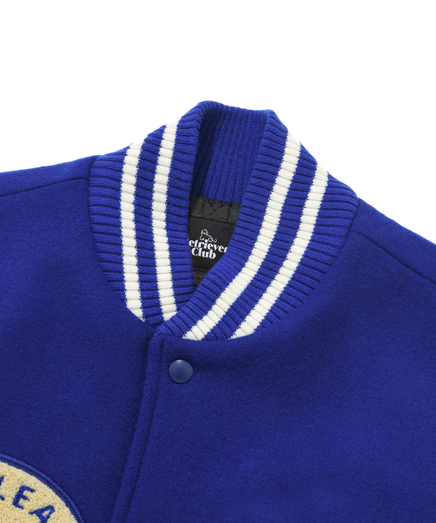 MUSINSA | RETRIEVER CLUB BIG R LOGO PATCH STADIUM JACKET [BLUE]