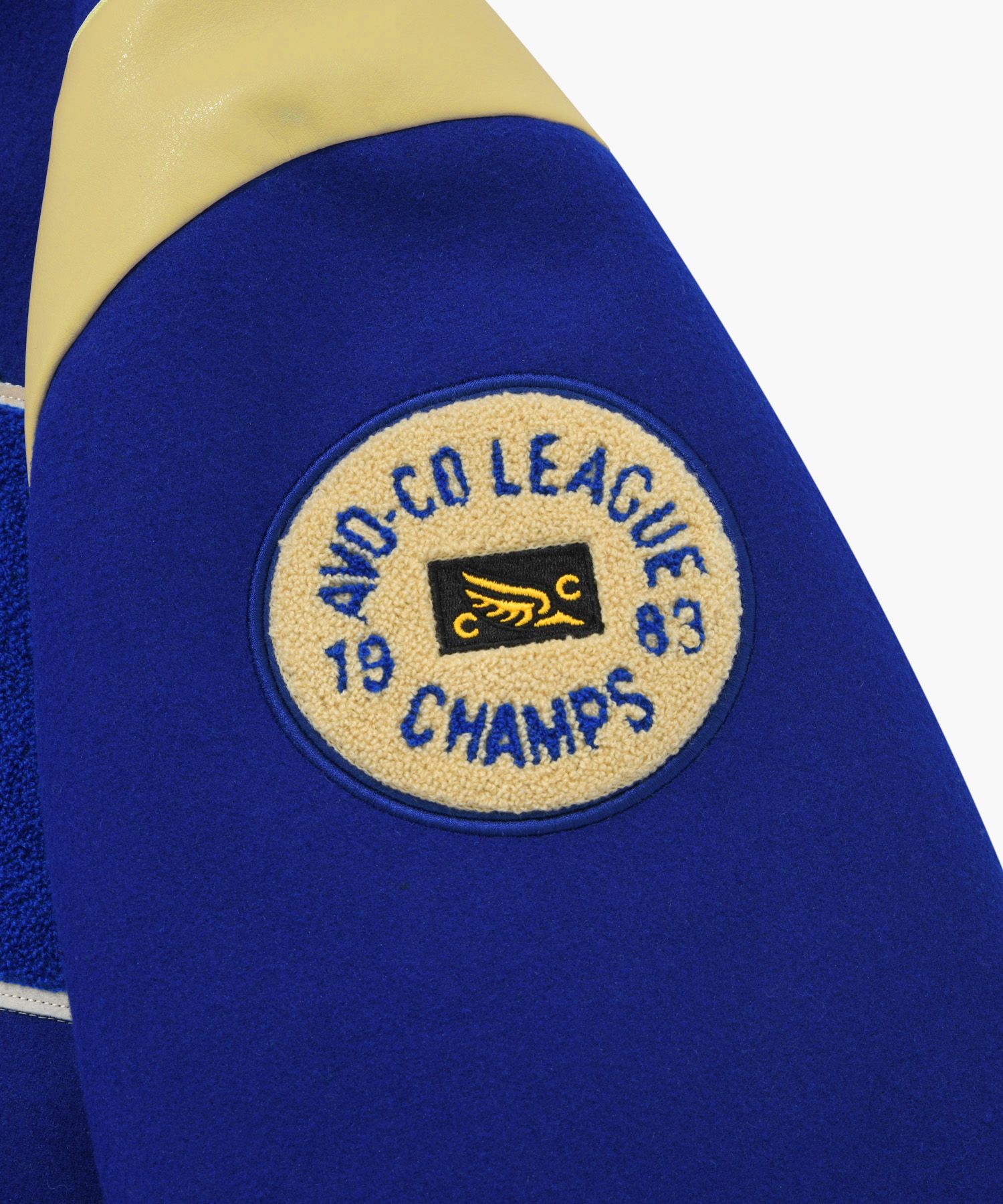 MUSINSA | RETRIEVER CLUB BIG R LOGO PATCH STADIUM JACKET [BLUE]