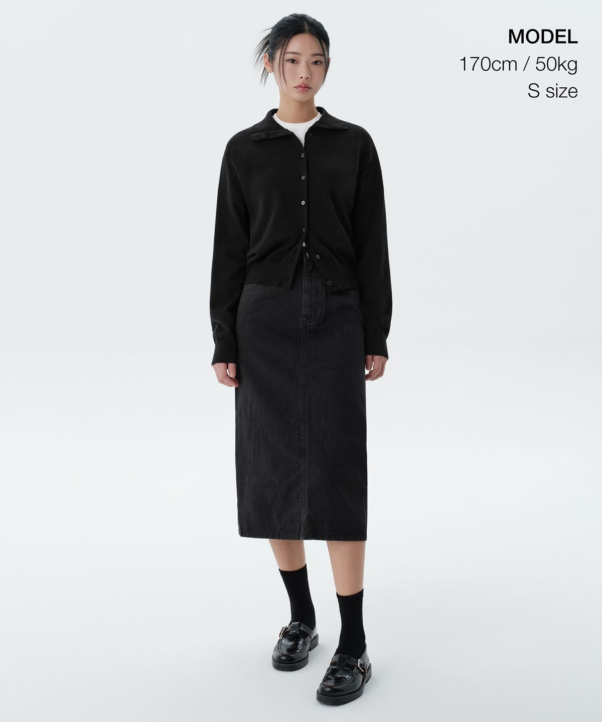 무신사 스탠다드 우먼(MUSINSA STANDARD WOMAN) 우먼즈 데님 미디 스커트 [워시드 블랙]