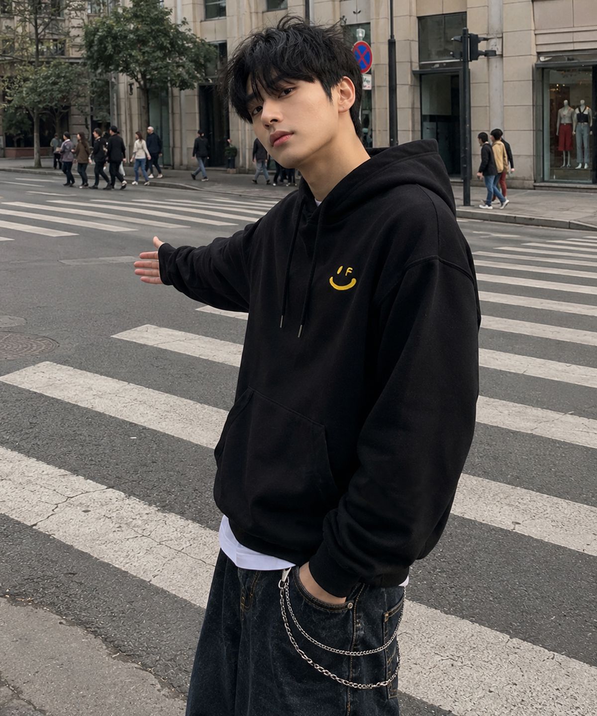 그레이버(GRAVER) [UNISEX]스몰 드로잉스마일 후드티_블랙