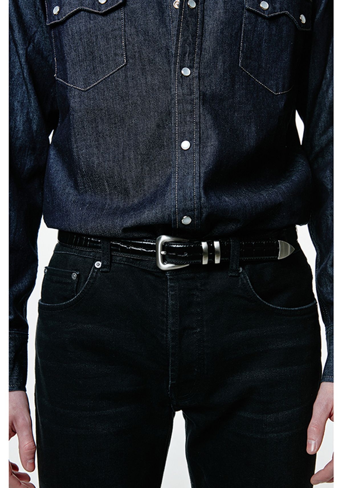 세비지(SAVAGE) 110 Leather Belt - Black(Crocodile-Embossed)