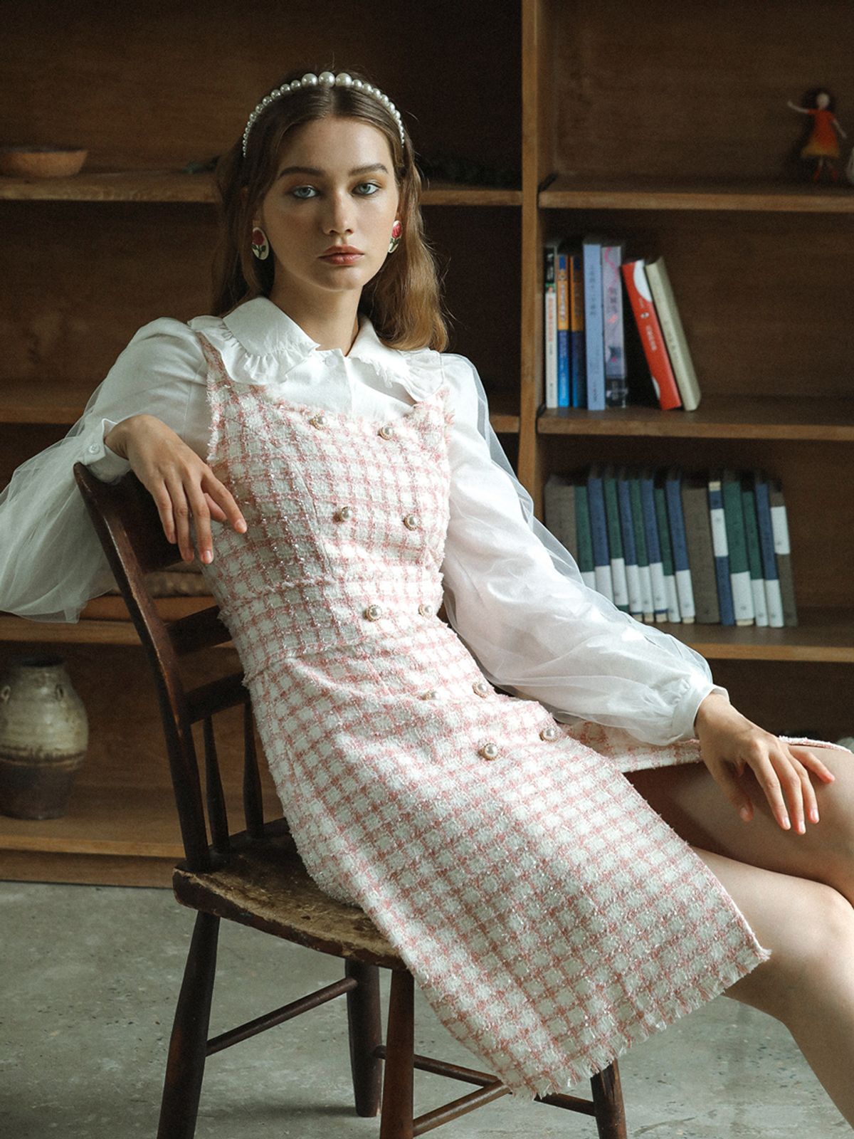 던드롭(DUNDROP) DD pink tweed check dress
