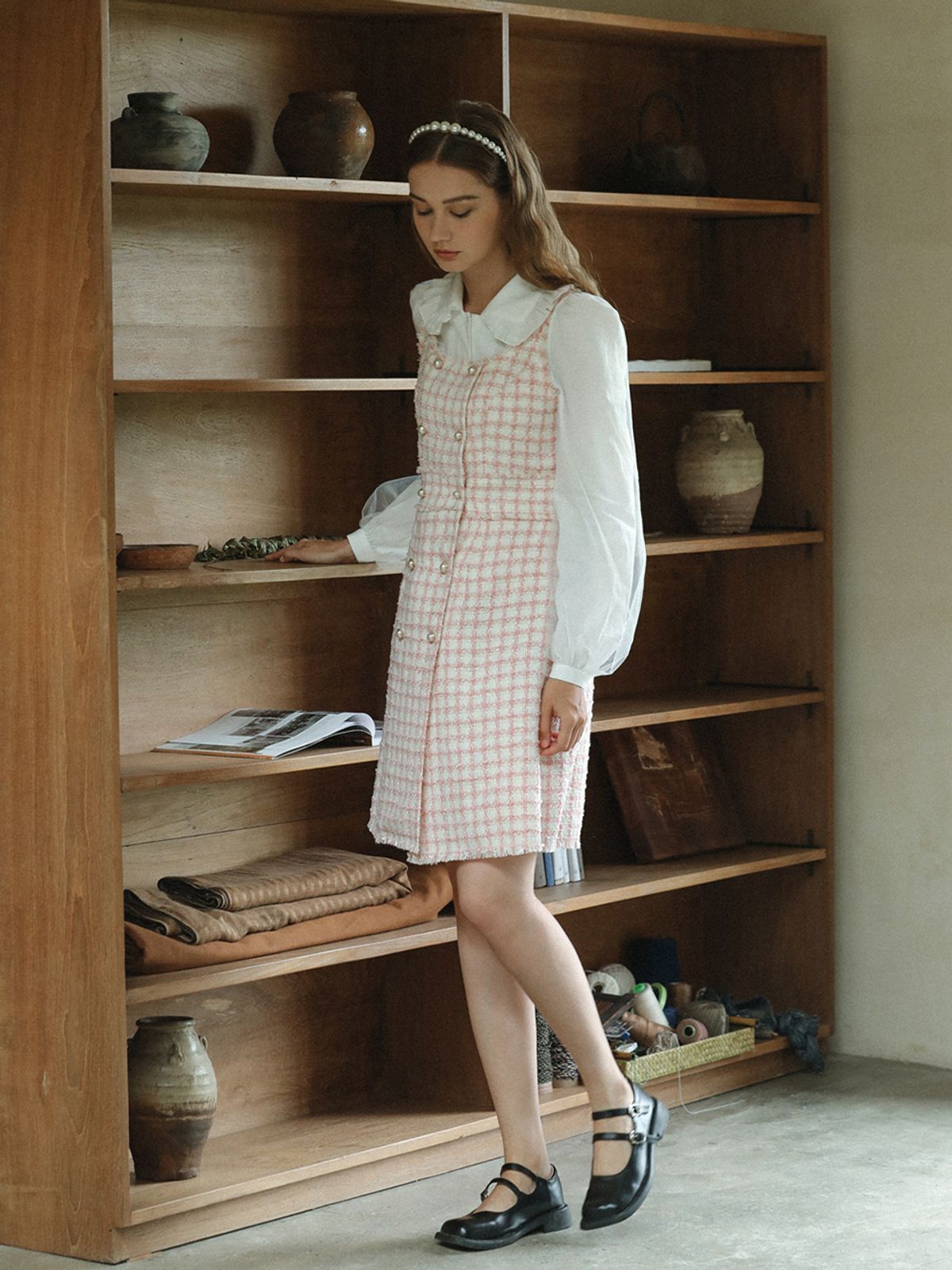 던드롭(DUNDROP) DD pink tweed check dress