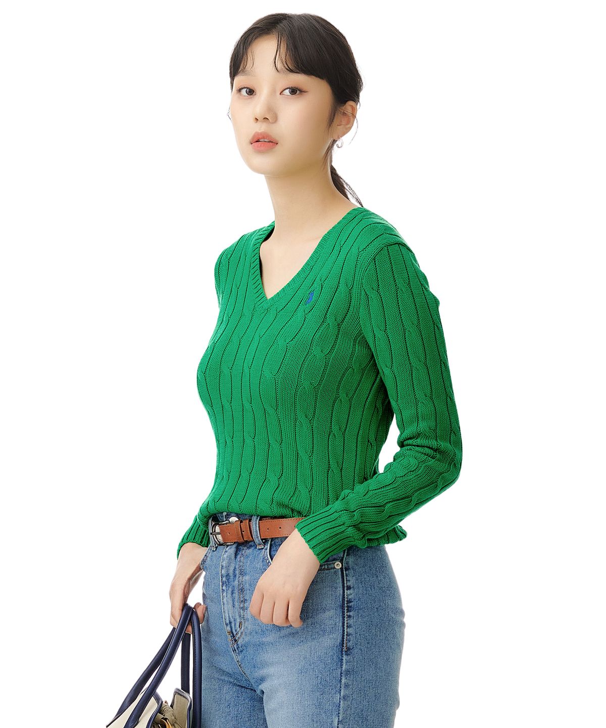 폴로 랄프 로렌(POLO RALPH LAUREN) W 케이블니트 V넥 스웨터 - 그린