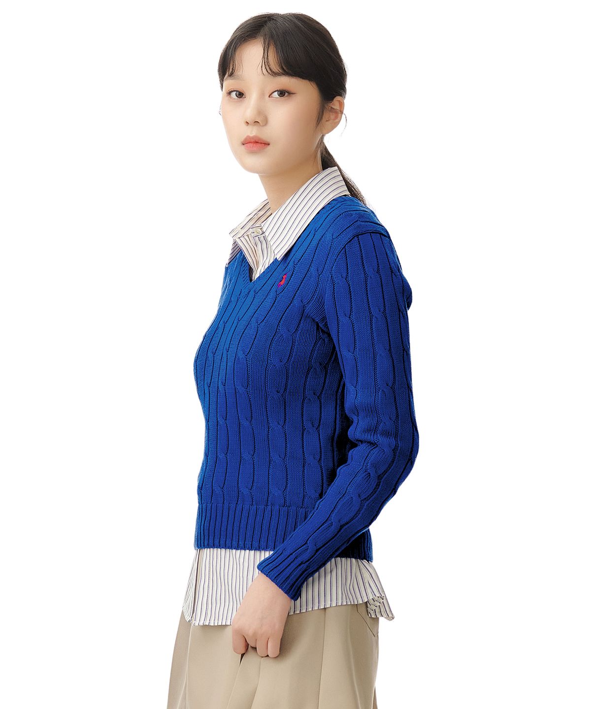 폴로 랄프 로렌(POLO RALPH LAUREN) W 케이블니트 V넥 스웨터 - 블루