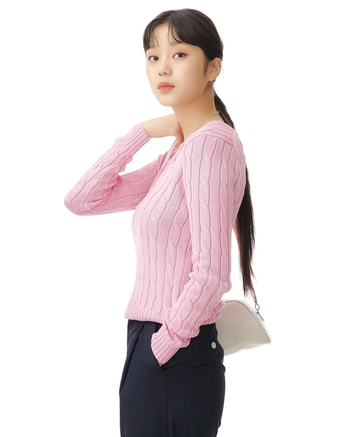 폴로 랄프 로렌(POLO RALPH LAUREN) W 케이블니트 V넥 스웨터 - 핑크
