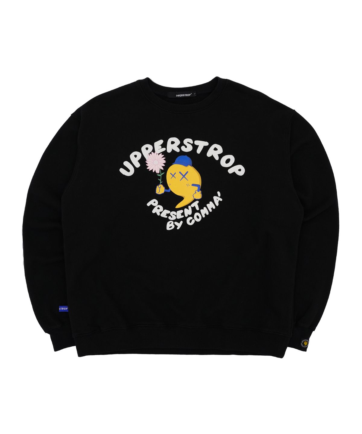 어퍼스트롭(UPPERSTROP) [UP9031] 플라워 콤마 아치로고 맨투맨 블랙
