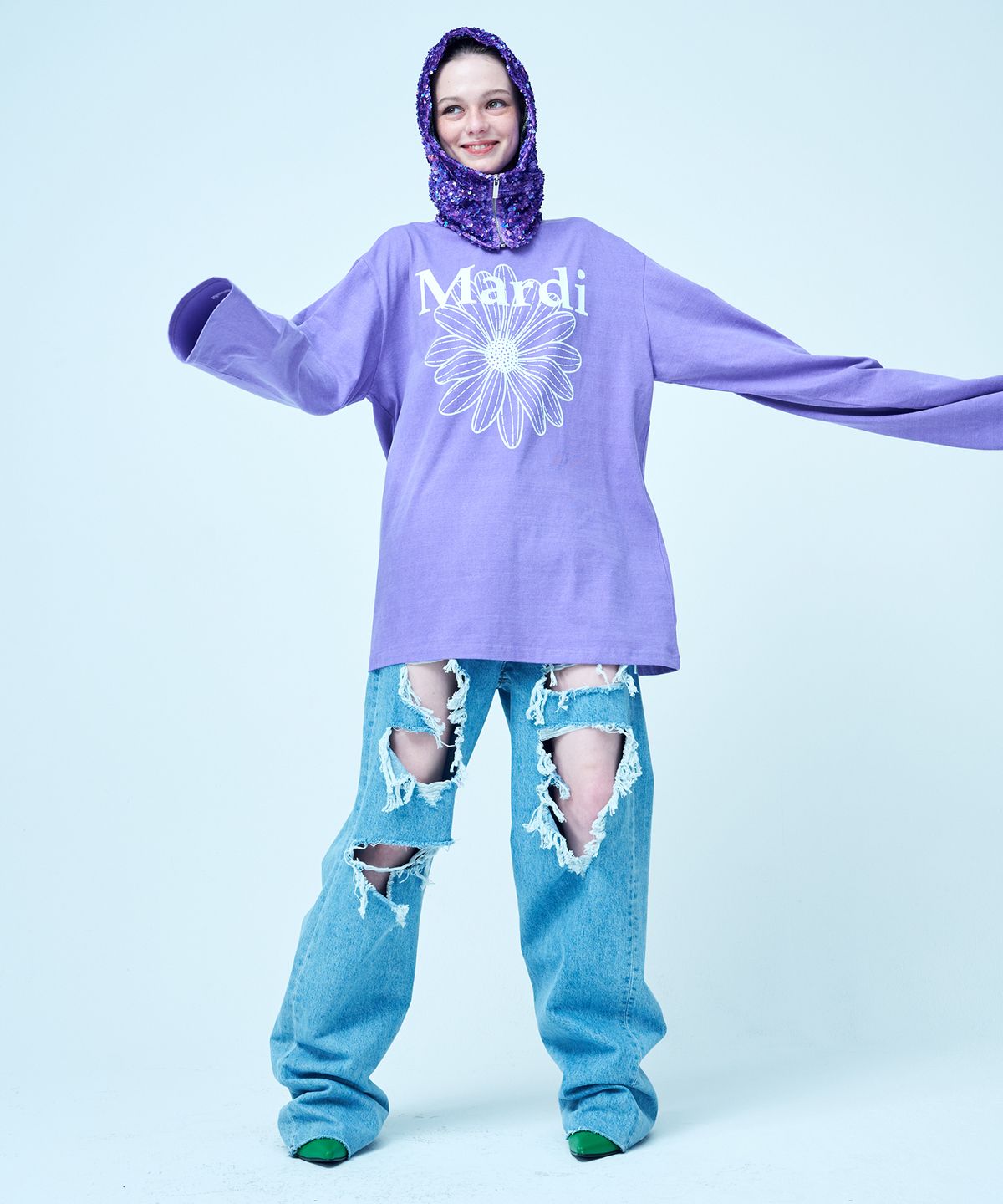 마르디 메크르디(MARDI MERCREDI) UNISEX TSHIRT LONG SLEEVE FLOWERMARDI WASHED_LAVENDER WHITE