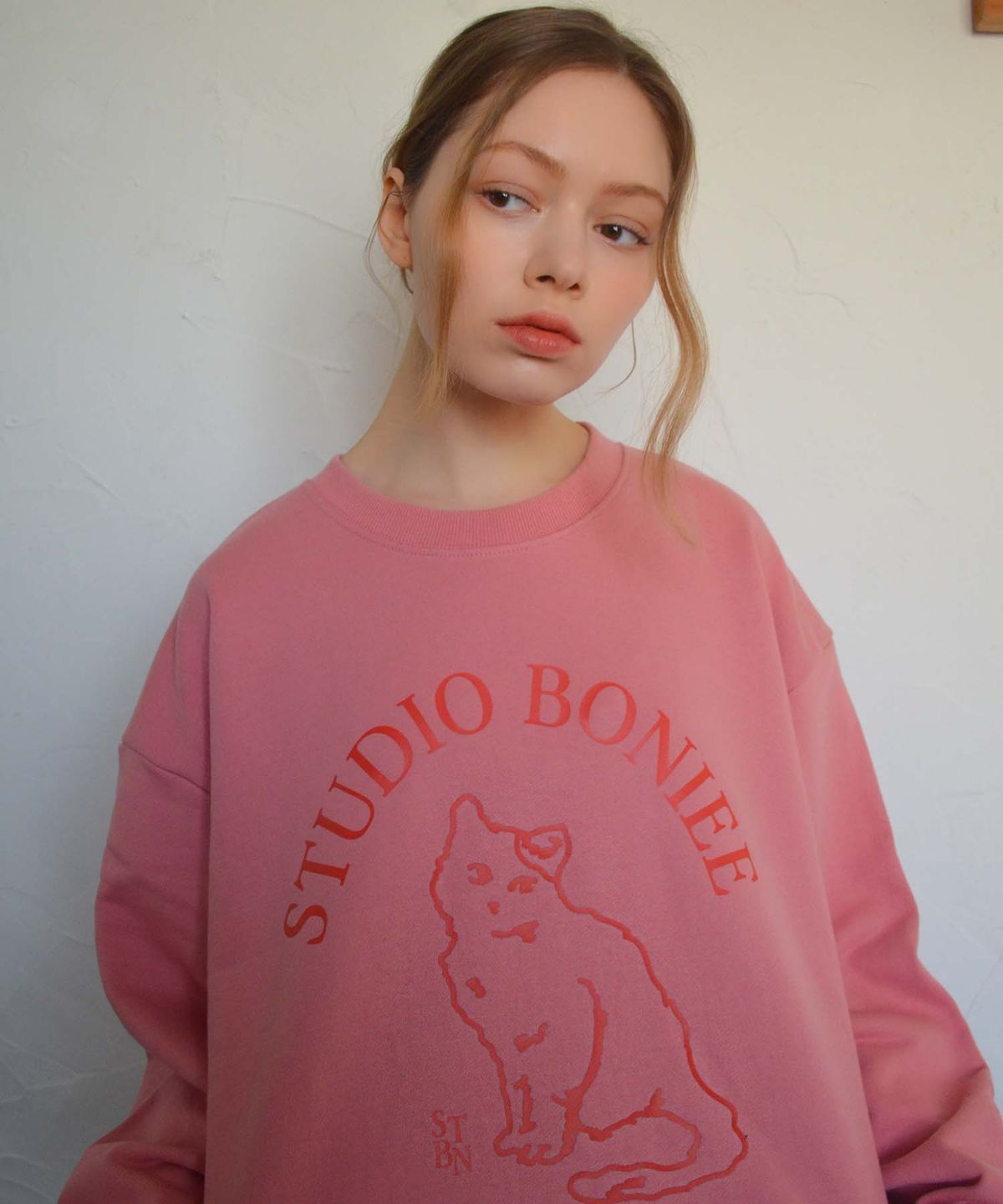 보늬(BONIEE) 캣 심볼(CAT SYMBOL) 고양이 로고 그래픽 오버 맨투맨 핑크