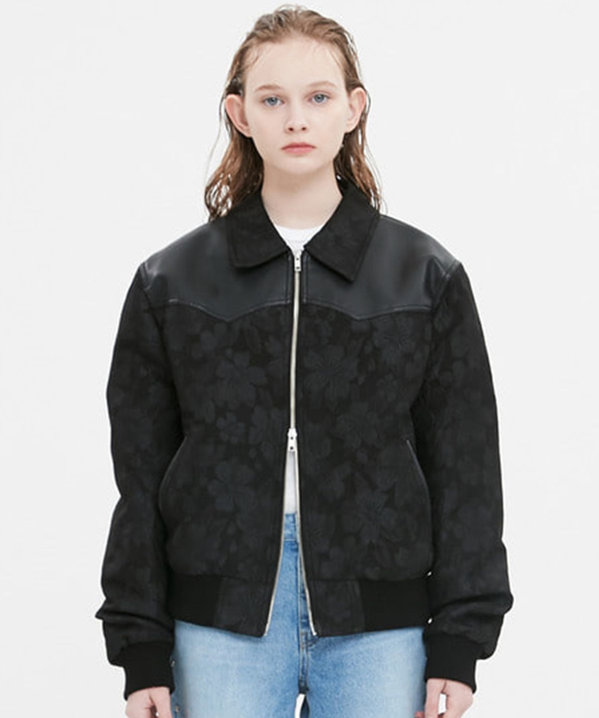 문선(MOONSUN) UNISEX Lunar Western 2-Way Zip Blouson [Black Flower]