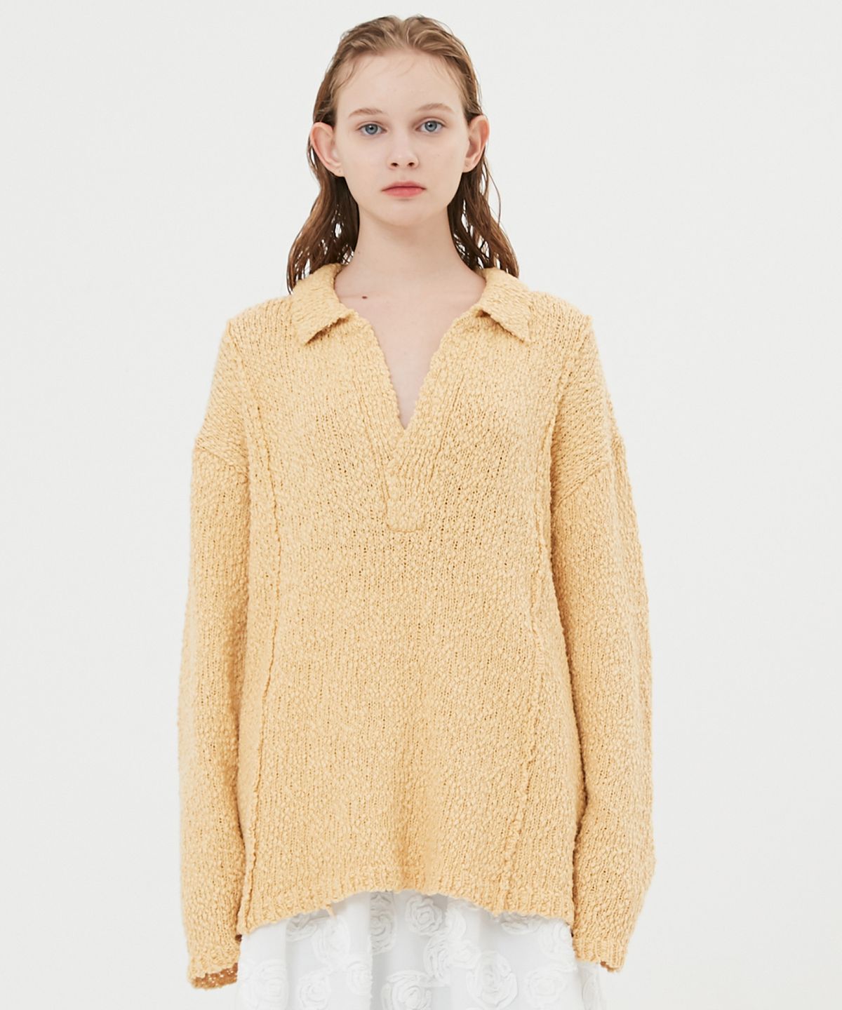 문선 아카이브(MOONSUN ARCHIVE) UNISEX Roen Pin Tuck Loosfit Collar Knit [Vanilla Yellow]