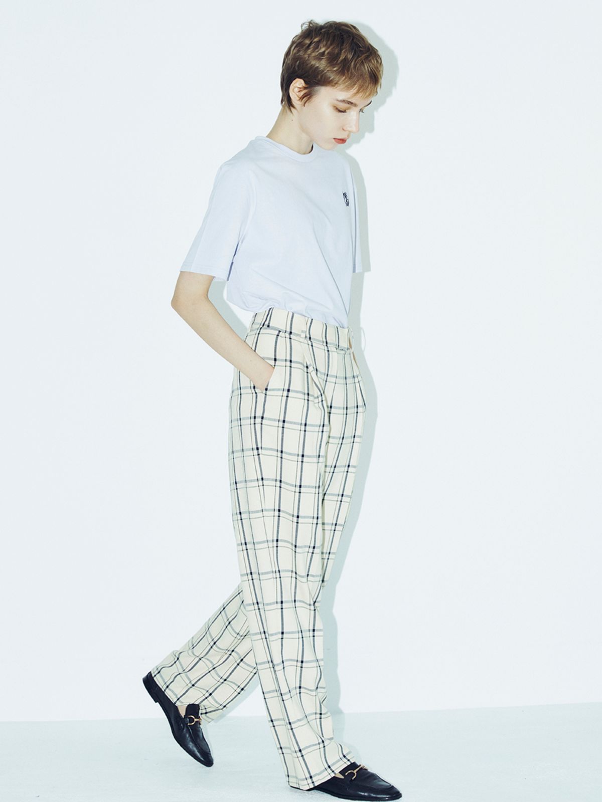 누브(NOUVE) Check Wide Trousers - Cream