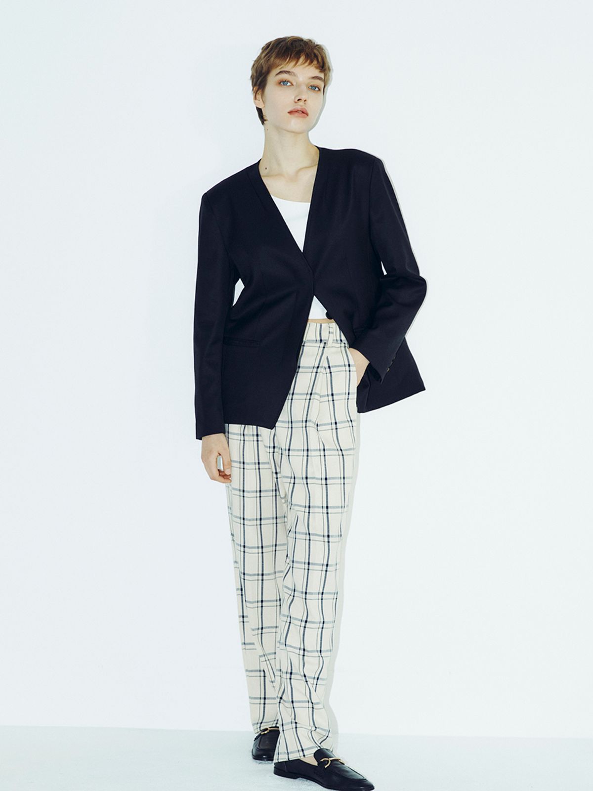 누브(NOUVE) Check Wide Trousers - Cream