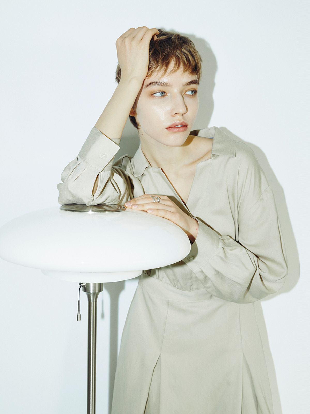 누브(NOUVE) V Neck Collar Button Dress - Light Beige