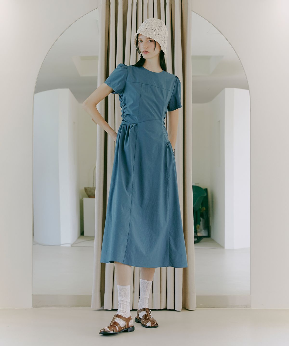 에트몽(ETMON) Side Shirring Dress  Blue Green