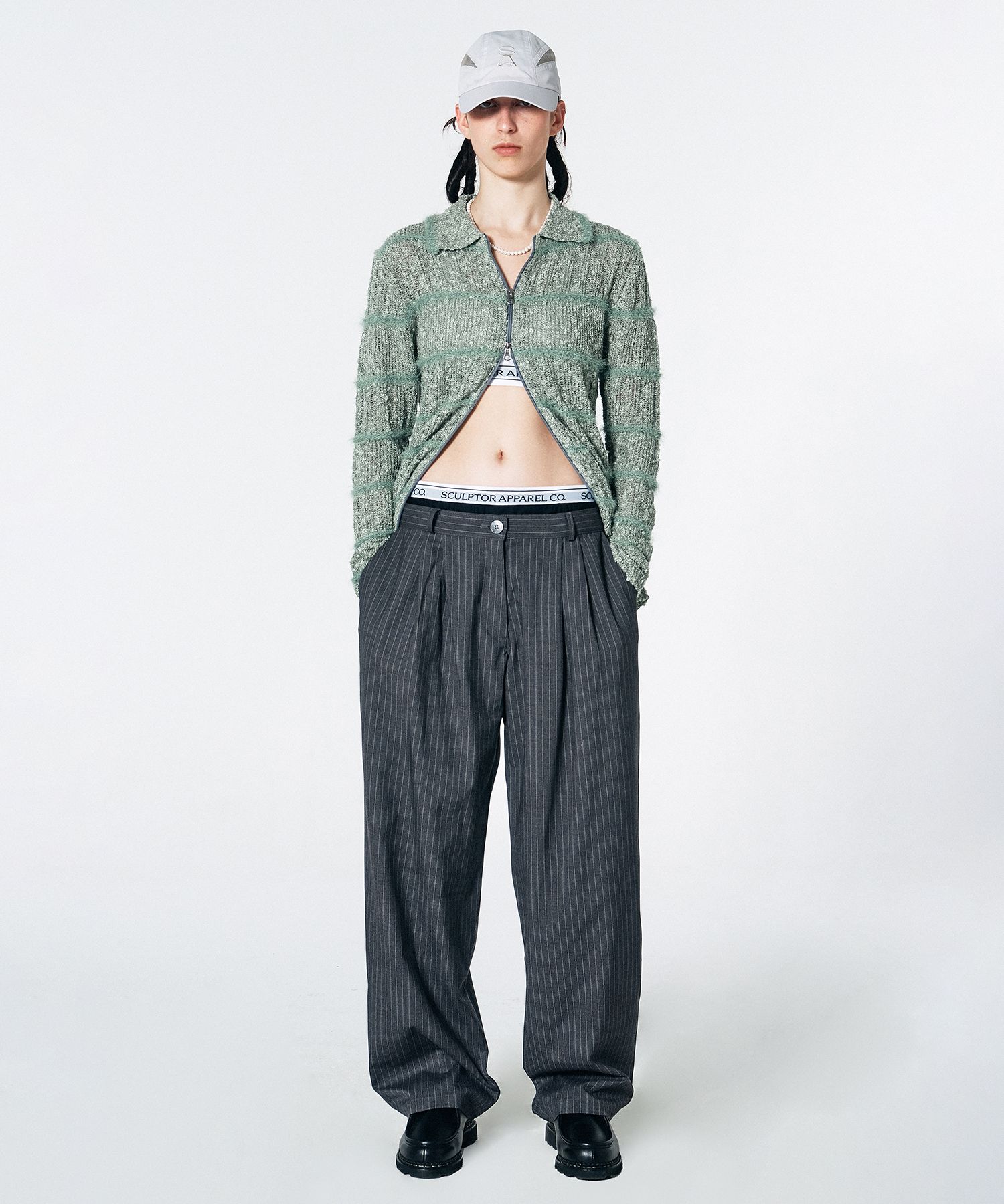 MUSINSA | SCULPTOR Peekaboo Lowrise Pintuck Pants Gray Pin