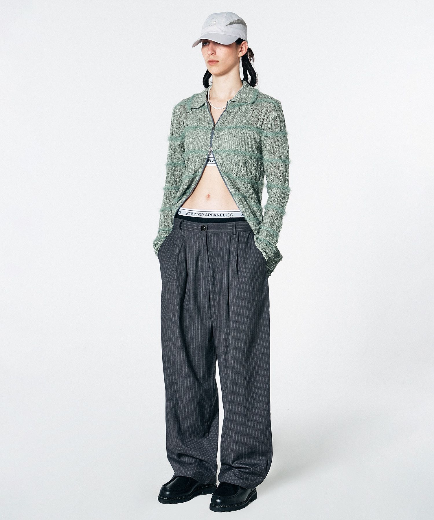 MUSINSA | SCULPTOR Peekaboo Lowrise Pintuck Pants Gray Pin