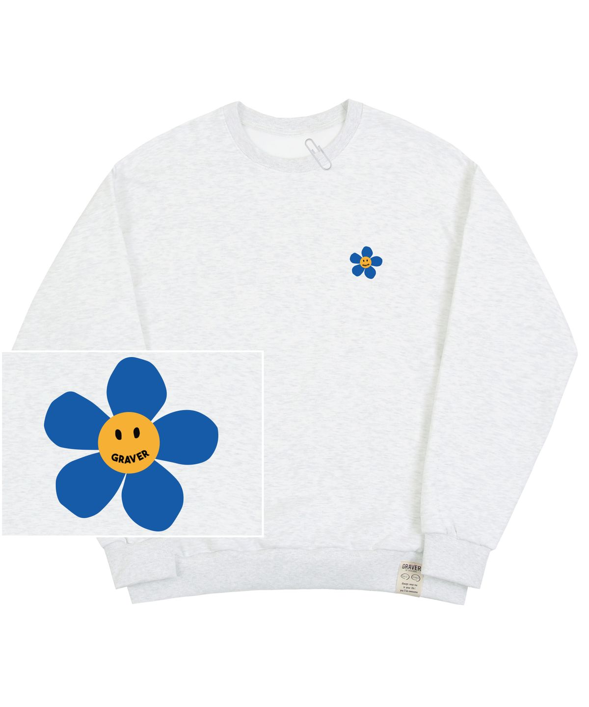 그레이버(GRAVER) [UNISEX]블루 플라워도트 스마일로고 맨투맨_멜란지화이트