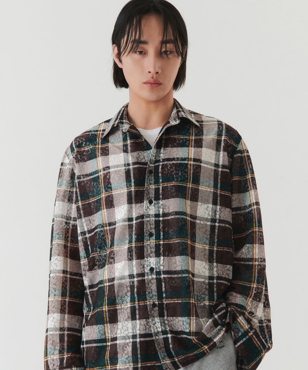 트립르센스(TRIP LE SENS) 더블 텍스쳐 플라워 체크 셔츠_GREEN BROWN