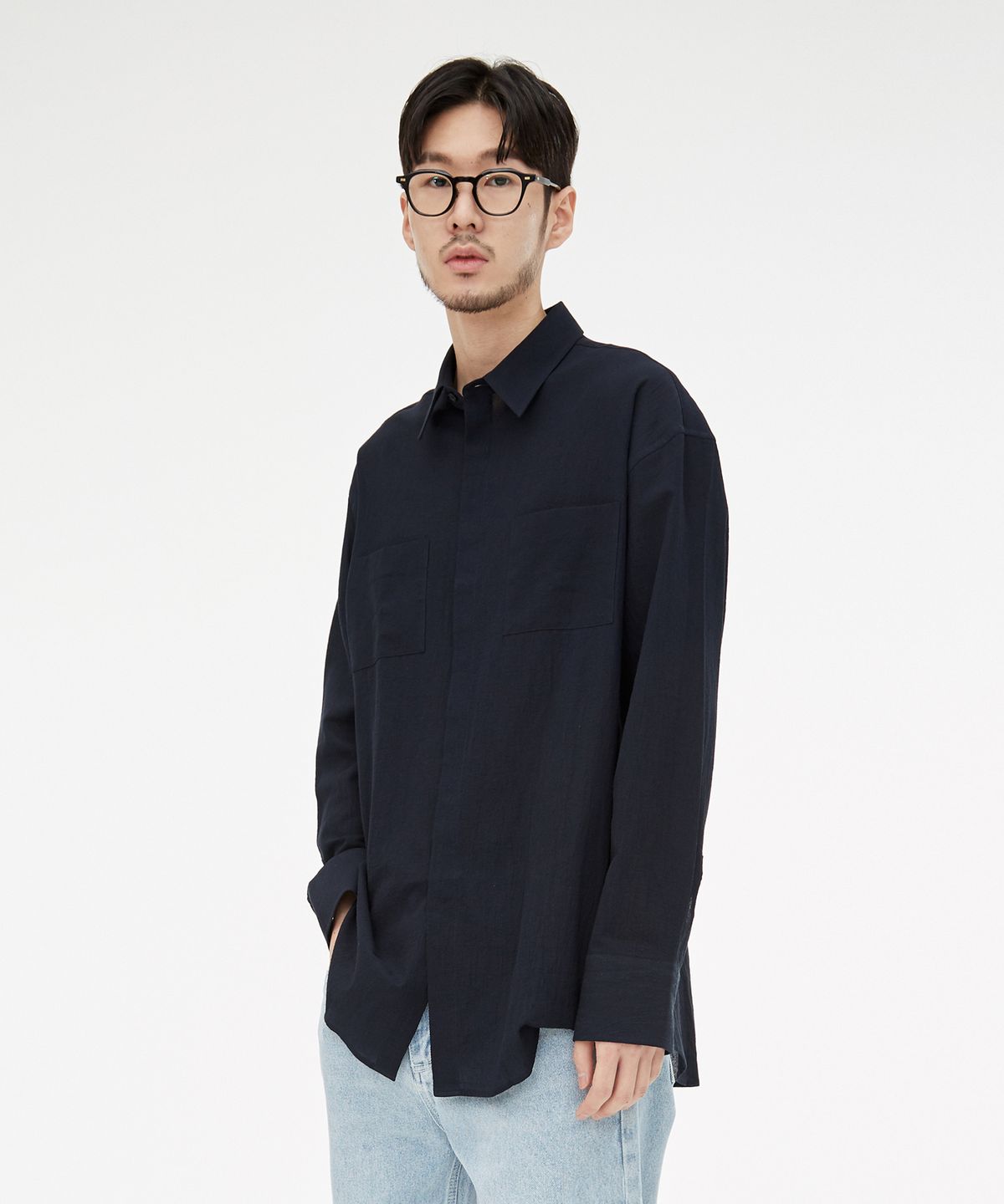 기프트오리지널(GIFTORIGINAL) (UNISEX) 소프트 히든 버튼 셔츠 네이비
