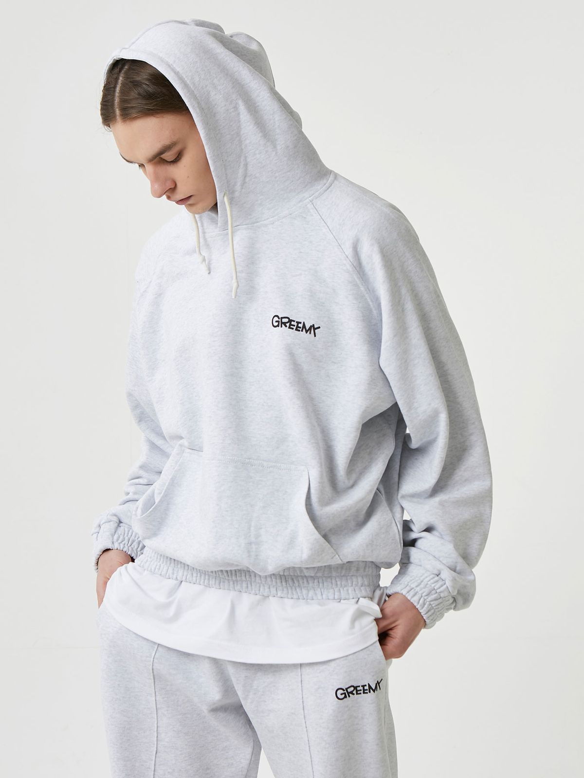 그리미(GREEMY) SMALL LOGO HOODIE (MELANG GREY)