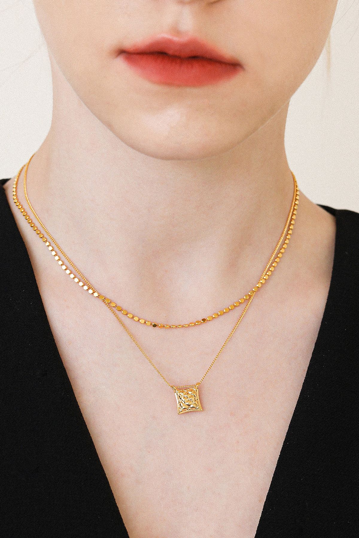 레이지던(LAZYDAWN) check pendant layered chain necklace N033