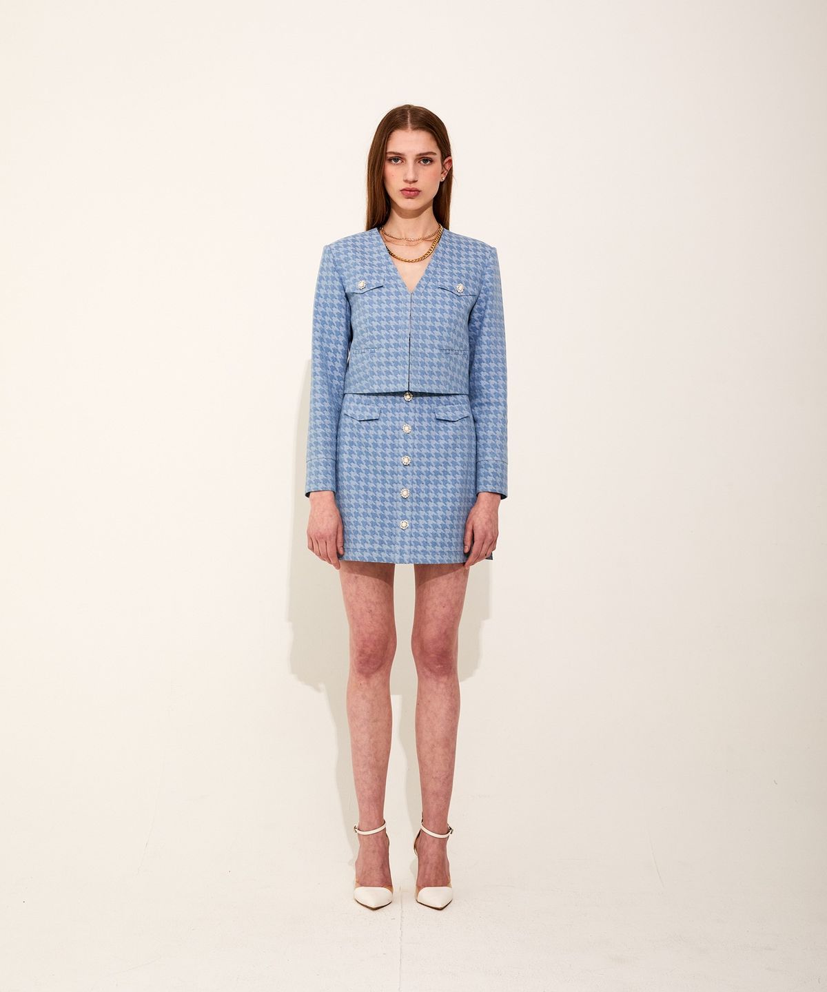 채뉴욕(CHAENEWYORK) Houndstooth Denim Vneck Jacket [Light Blue]