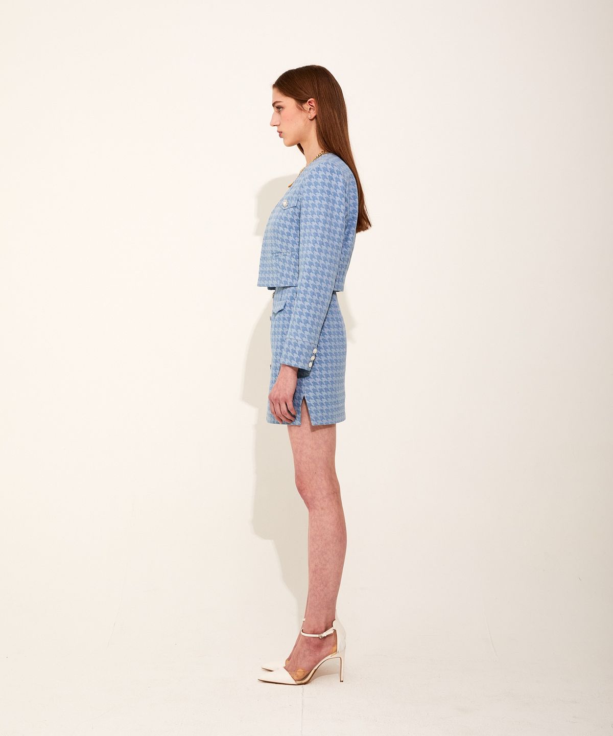 채뉴욕(CHAENEWYORK) Houndstooth Denim Vneck Jacket [Light Blue]