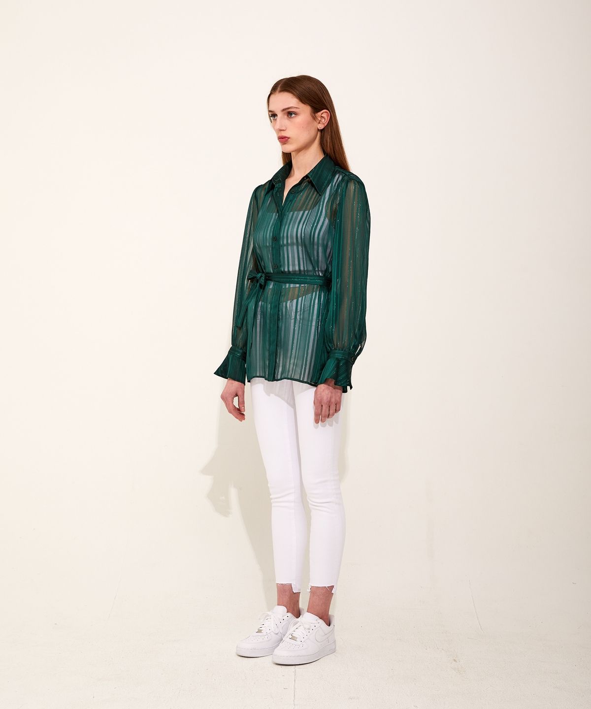 채뉴욕(CHAENEWYORK) Flawless Chiffon Belted Shirts [Green]