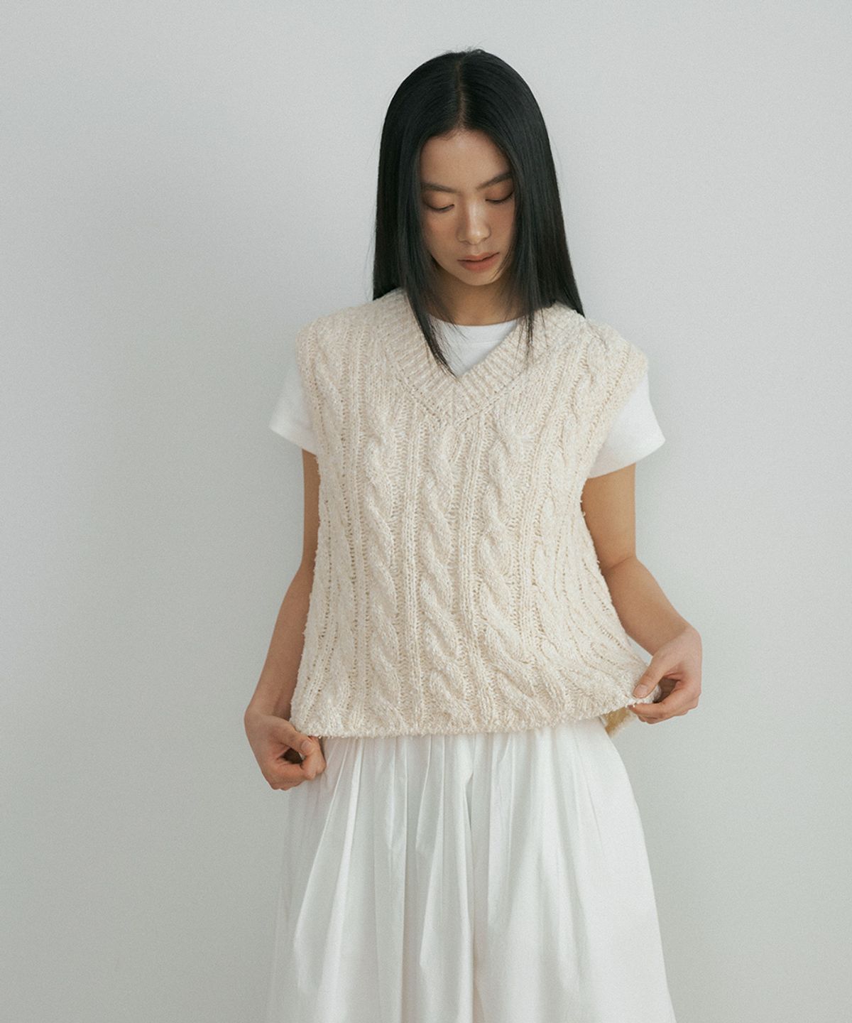 링서울(LINGSEOUL) cable cotton blended knit vest-ivory