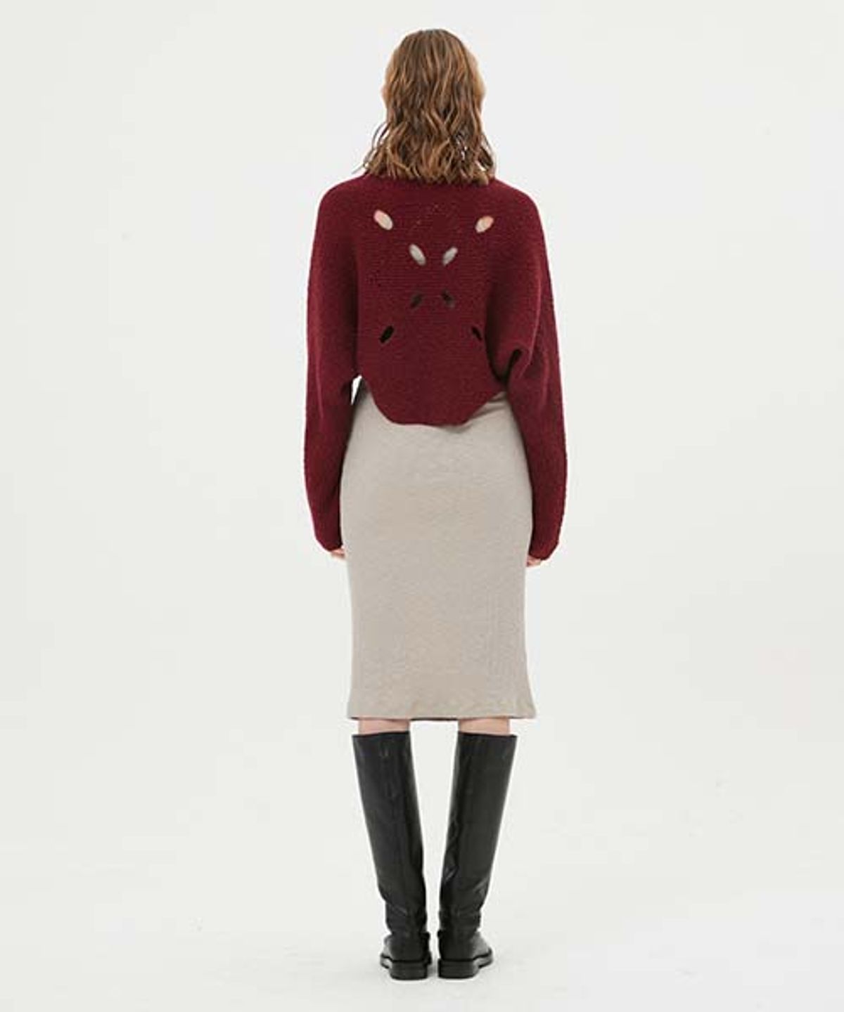 문선(MOONSUN) ESSENTIAL_Eclipse Argyle Hole Knit Bolero [Wine]
